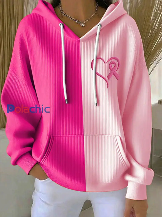 Sweat à capuche décontracté imprimé ruban rose pour femmes Rose / S