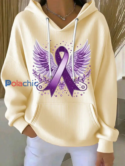 Sweat à capuche décontracté imprimé ruban violet pour femmes abricot / S