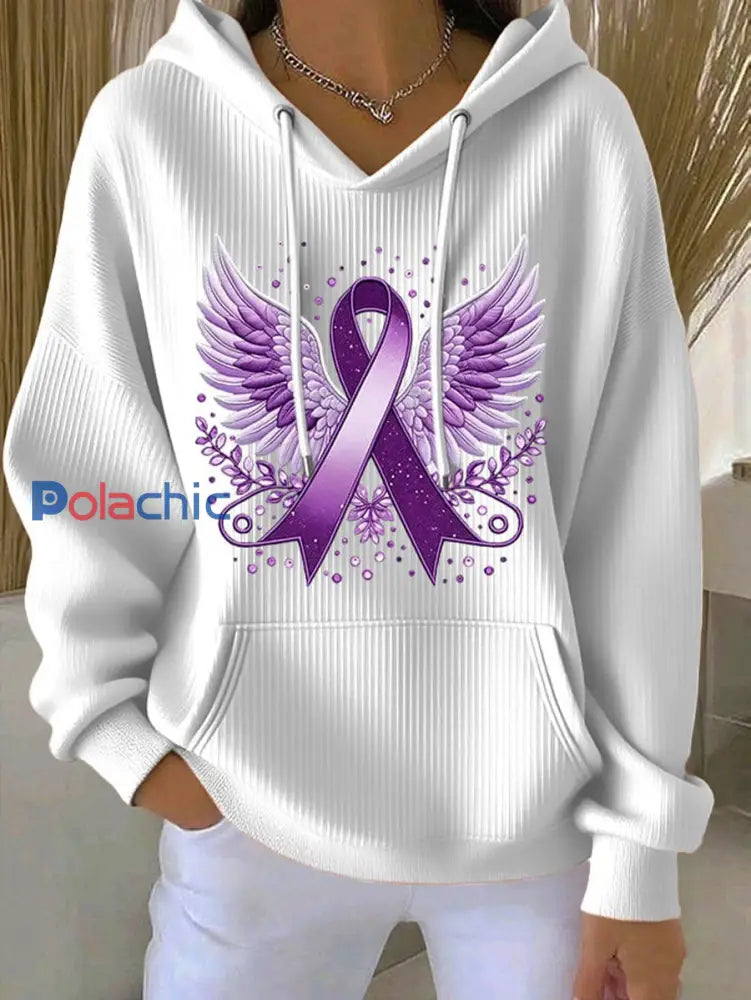 Sweat à capuche décontracté imprimé ruban violet pour femmes blanc / S