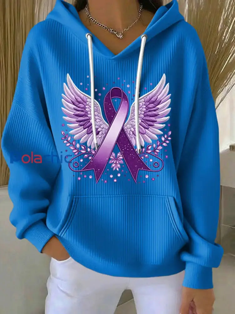 Sweat à capuche décontracté imprimé ruban violet pour femmes bleu / S