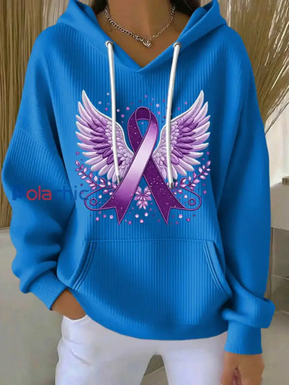 Sweat à capuche décontracté imprimé ruban violet pour femmes bleu / S