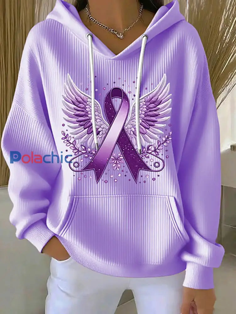 Sweat à capuche décontracté imprimé ruban violet pour femmes violet clair / S