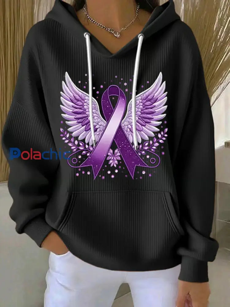 Sweat à capuche décontracté imprimé ruban violet pour femmes noir / S