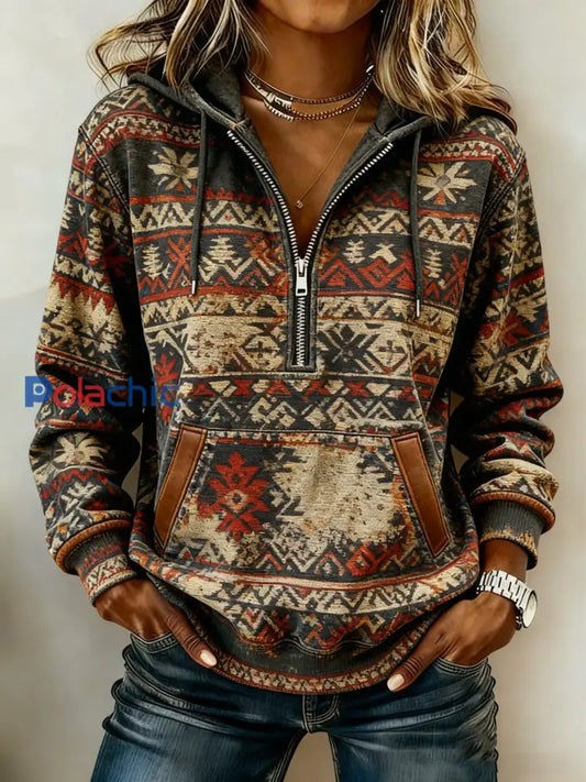Sweat à capuche décontracté imprimé western vintage pour femmes comme image / S