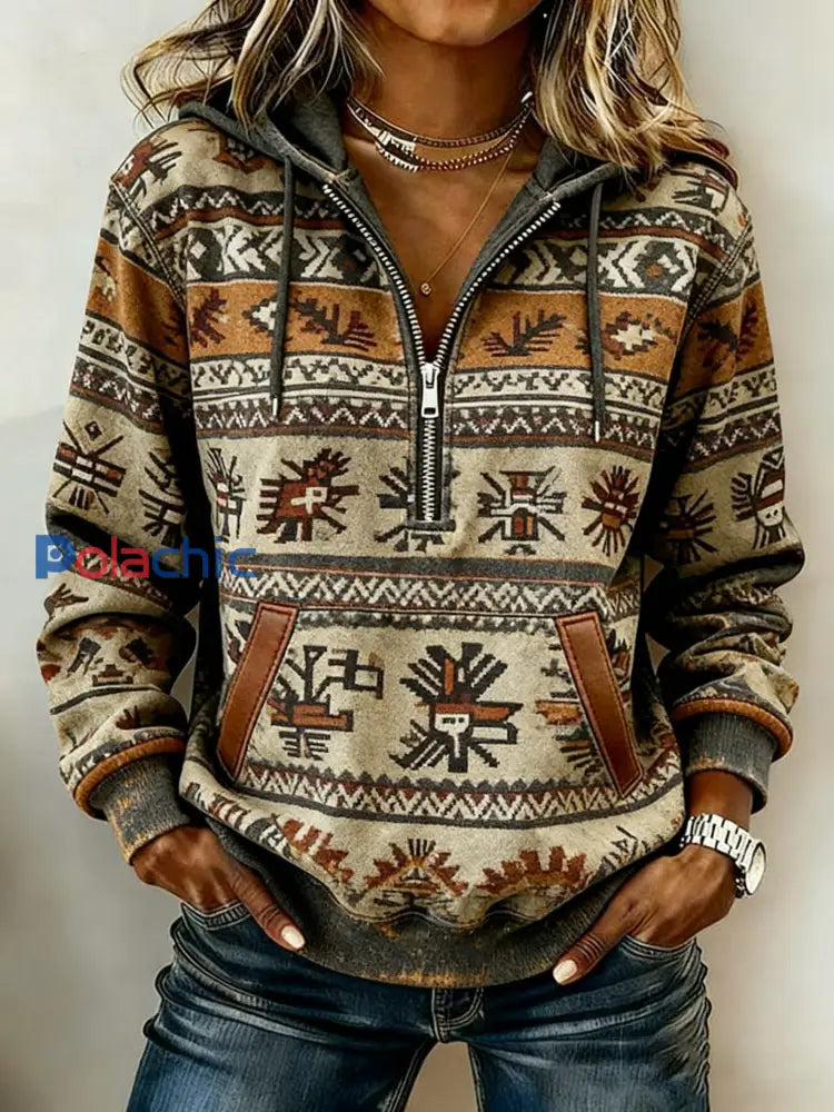 Sweat à capuche décontracté imprimé western vintage pour femmes comme image / S