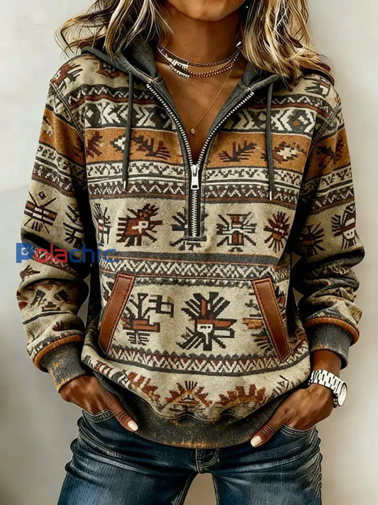 Sweat à capuche décontracté imprimé western vintage pour femmes comme image / S