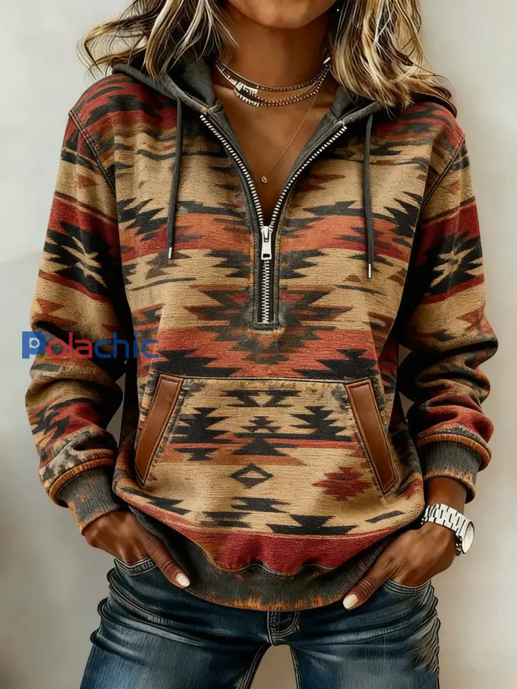 Sweat à capuche décontracté imprimé western vintage pour femmes comme image / S