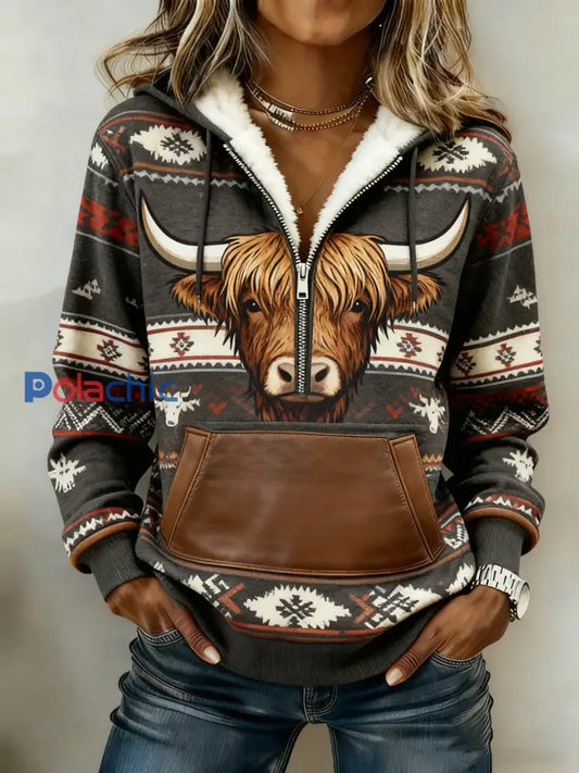 Sweat à capuche décontracté imprimé western vintage pour femmes comme image / S