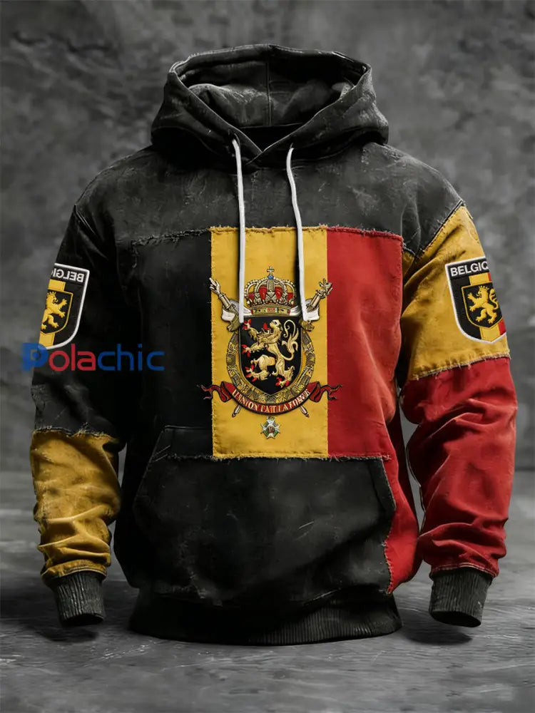 Sweat à Capuche Décontracté Patchwork Drapeau Belge Rétro Noir / S