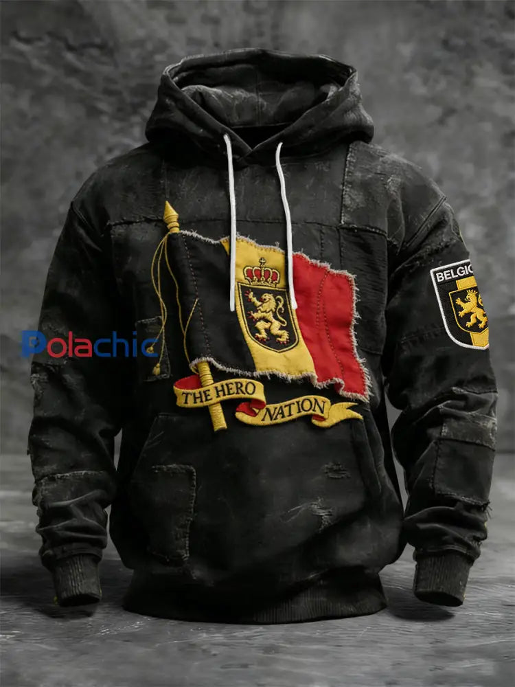 Sweat à Capuche Décontracté Patchwork Drapeau Belge Rétro Noir / S