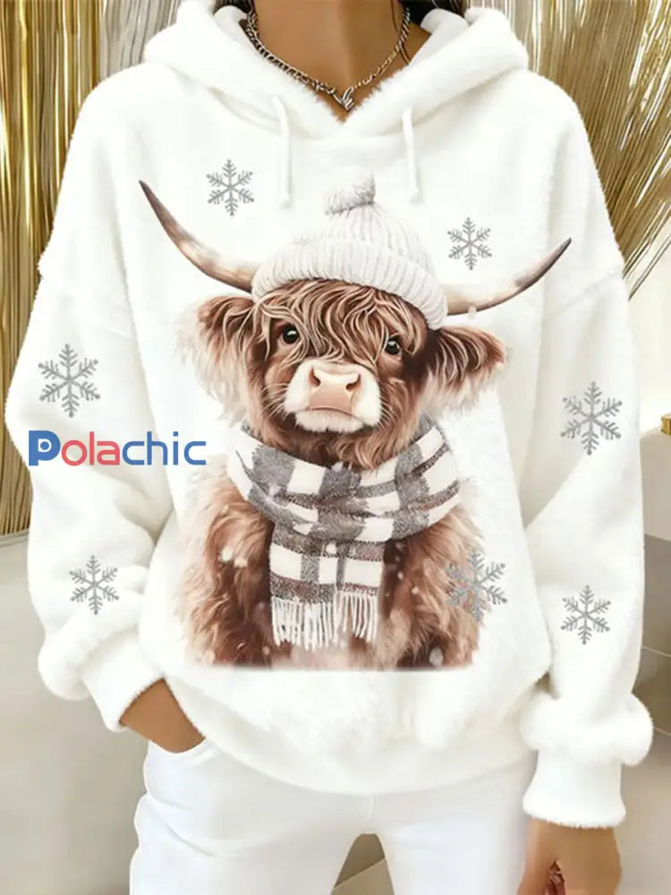 Sweat à capuche décontracté pour femmes Highland Cow Art Print Blanc / S