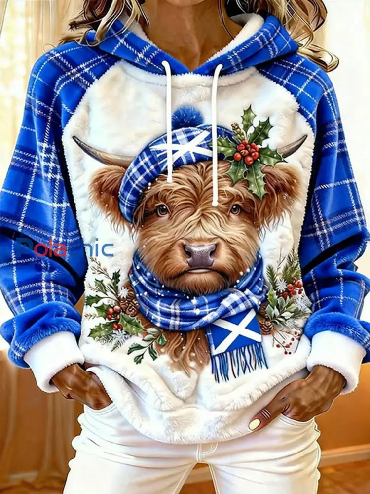 Sweat à capuche décontracté pour femmes Highland Cow Art Print Bleu / S