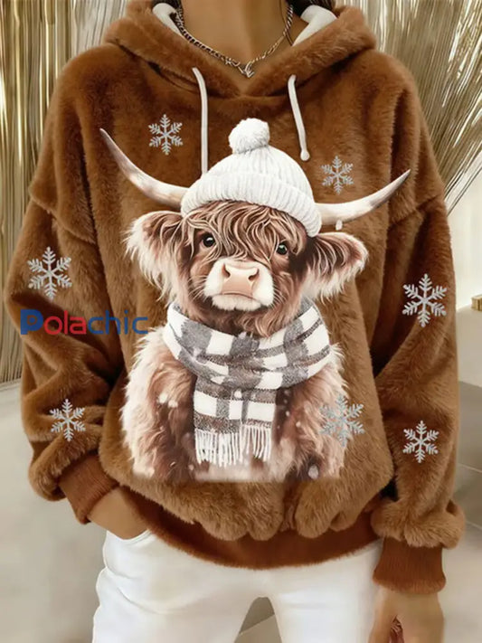 Sweat à capuche décontracté pour femmes Highland Cow Art Print Marron / S