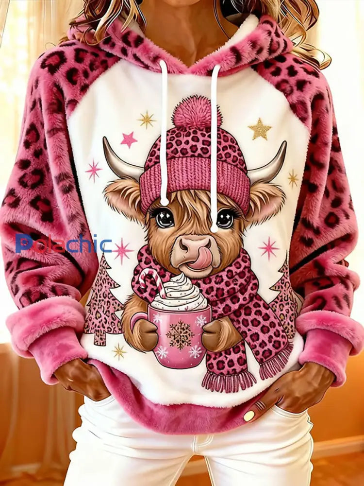 Sweat à capuche décontracté pour femmes Highland Cow Art Print Rose / S