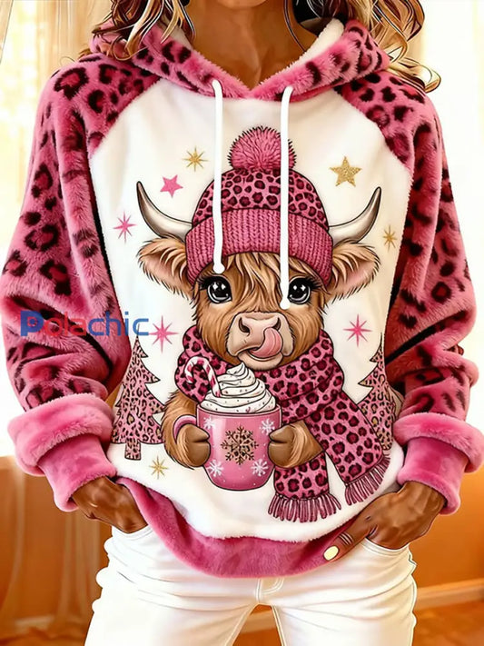 Sweat à capuche décontracté pour femmes Highland Cow Art Print Rose / S