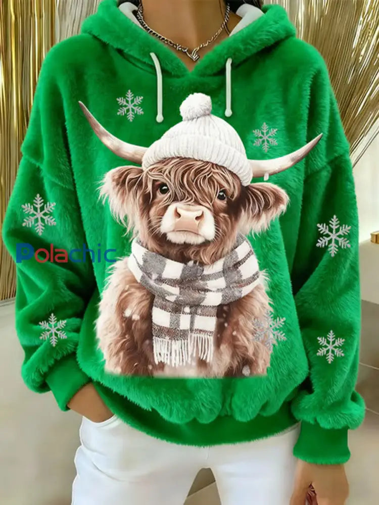 Sweat à capuche décontracté pour femmes Highland Cow Art Print Vert / S