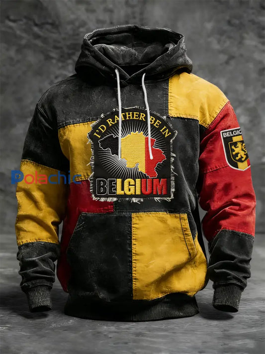 Sweat à Capuche Décontracté Rétro Drapeau Belge Carte Patchwork Noir / S