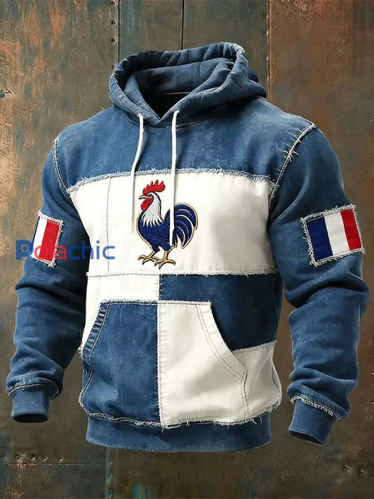 Sweat à Capuche Décontracté Rétro Drapeau Coq Français Patchwork Multicolore / S