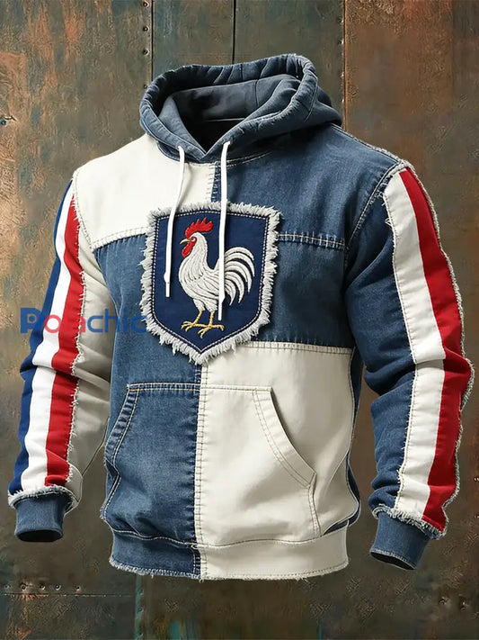 Sweat à Capuche Décontracté Rétro Drapeau Français Coq Emblème Patchwork Multicolore / S