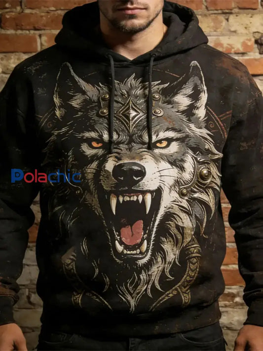 Sweat à capuche décontracté Viking Animal Print pour hommes Noir / S