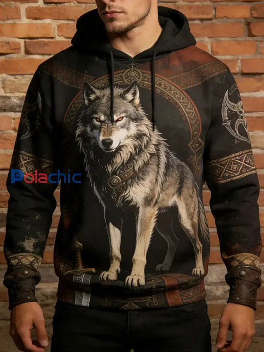 Sweat à capuche décontracté Viking Animal Print pour hommes Noir / S