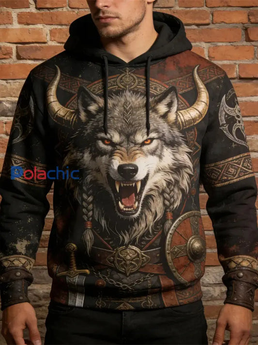 Sweat à capuche décontracté Viking Animal Print pour hommes Noir / S