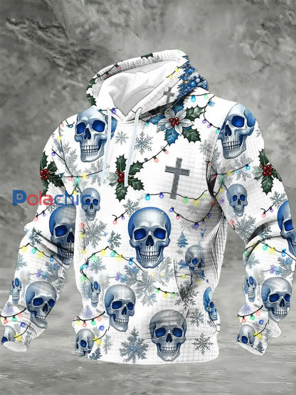 Sweat à capuche en coton à carreaux Crâne de Noël vintage pour hommes Blanc / S