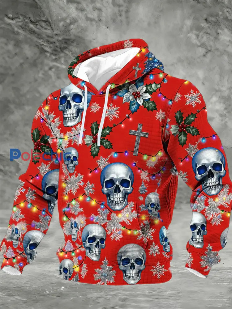 Sweat à capuche en coton à carreaux Crâne de Noël vintage pour hommes Rouge / S