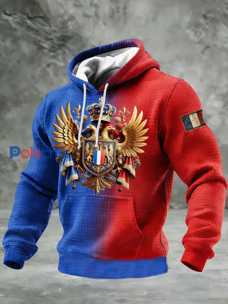 Sweat à capuche en coton à carreaux imprimé français pour hommes Bleu-Rouge / S