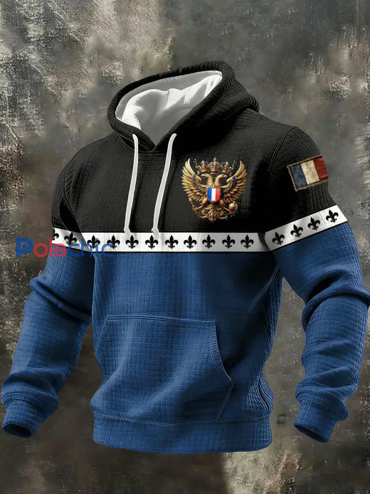 Sweat à capuche en coton à carreaux imprimé français pour hommes bleu / S