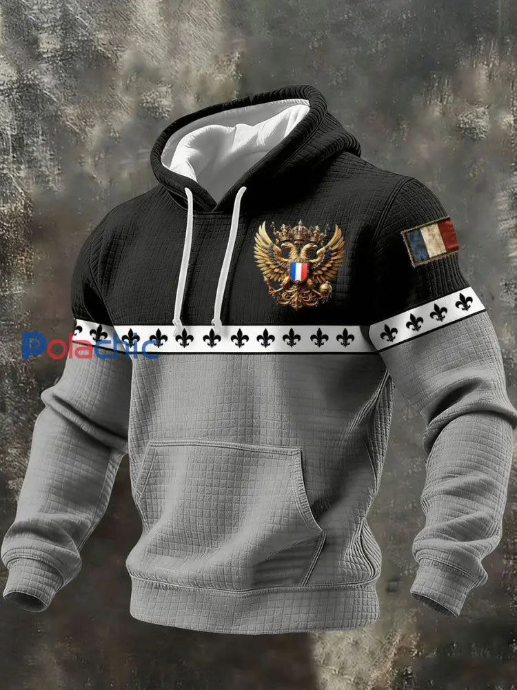 Sweat à capuche en coton à carreaux imprimé français pour hommes gris / S