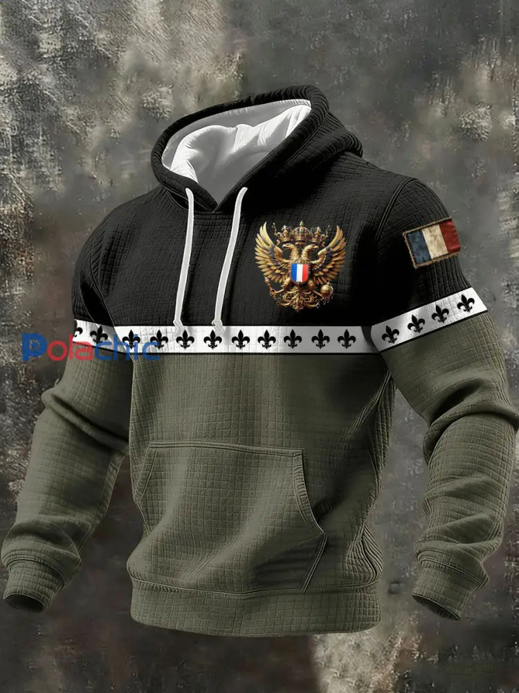 Sweat à capuche en coton à carreaux imprimé français pour hommes vert d’armée / S