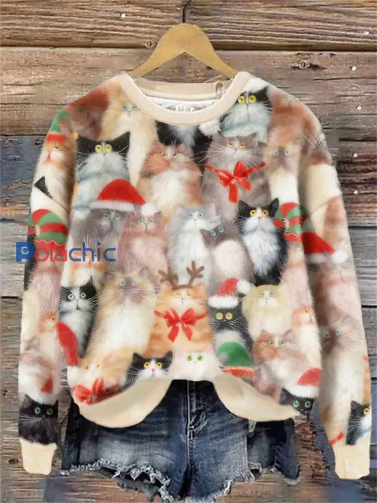 Sweat à Capuche en Flanelle Art Chats de Noël Femme