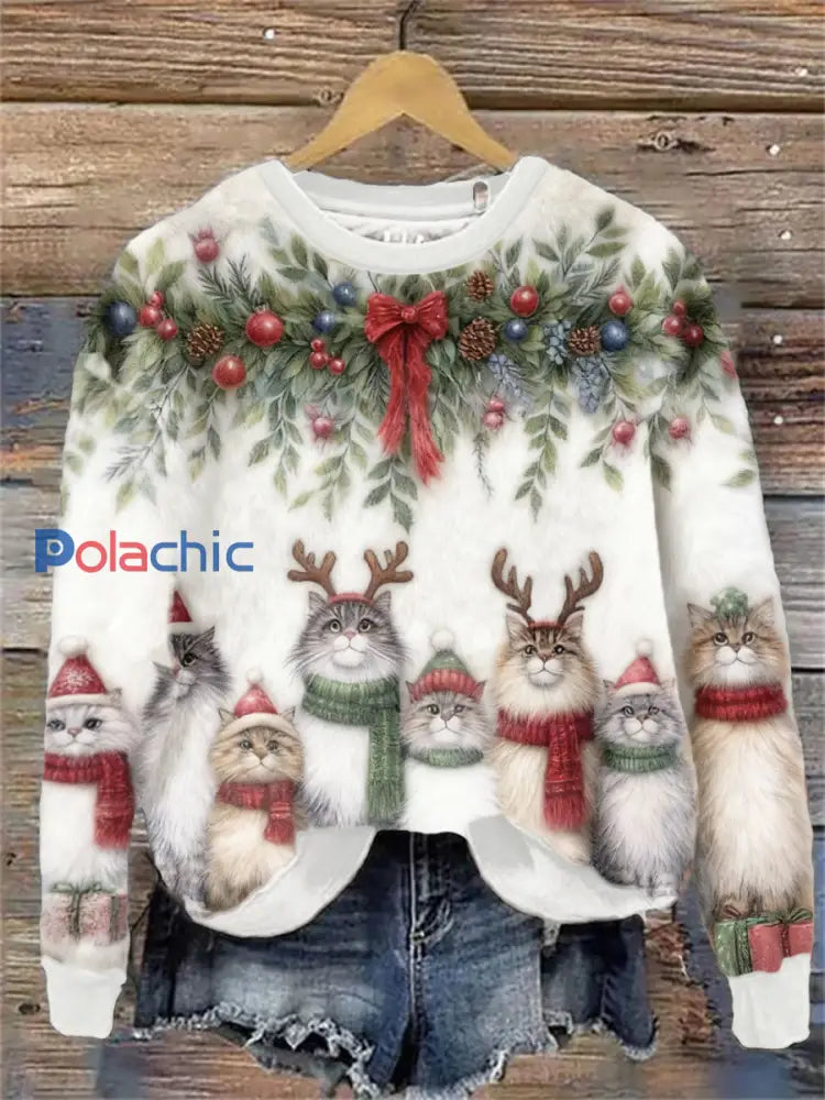 Sweat à Capuche en Flanelle Art Chats de Noël Femme