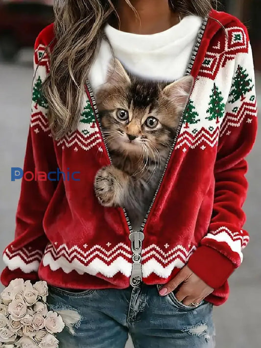 Sweat à capuche en flanelle chat de Noël pour femme Rouge / S