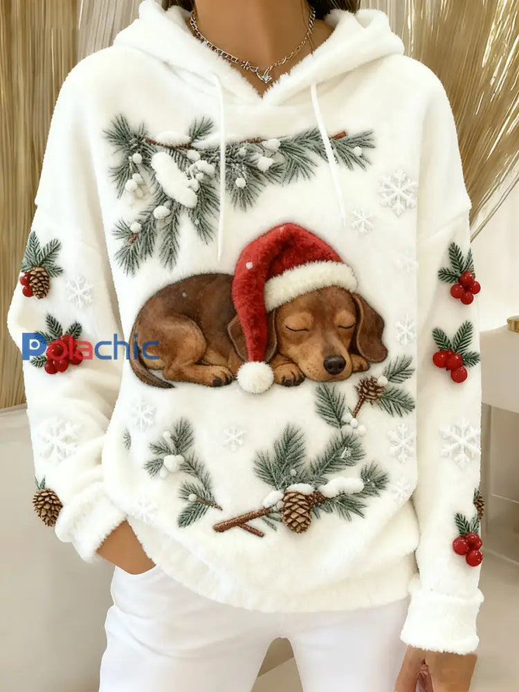 Sweat à capuche en flanelle chien saucisse mignon de Noël pour femmes comme image / S