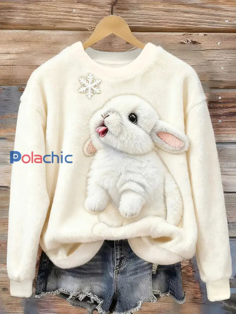 Sweat à capuche en flanelle de lapin de neige pour femmes Blanc / S