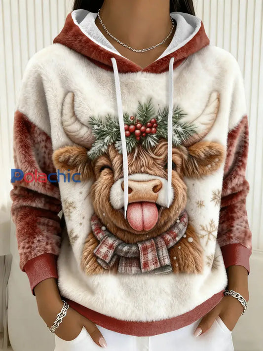 Sweat à capuche en flanelle de Noël Highland Cow Femme comme image / S