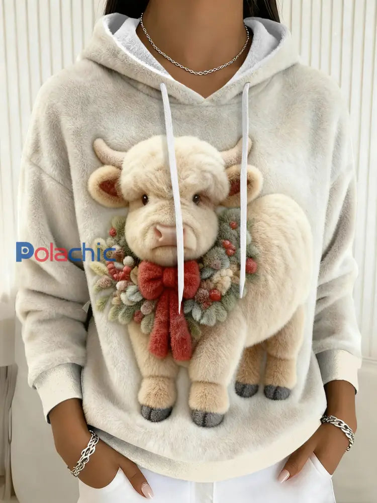 Sweat à capuche en flanelle de Noël Highland Cow Femme comme image / S