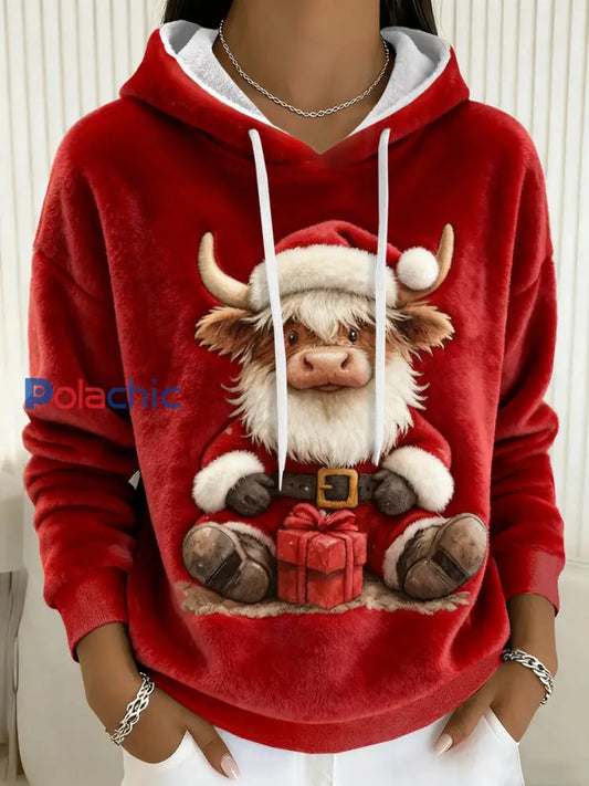 Sweat à capuche en flanelle de Noël Highland Cow Femme comme image / S