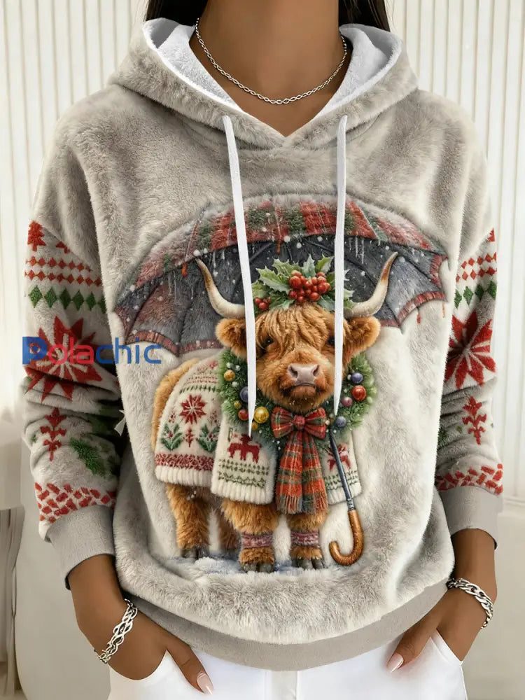 Sweat à capuche en flanelle de Noël Highland Cow Femme comme image / S