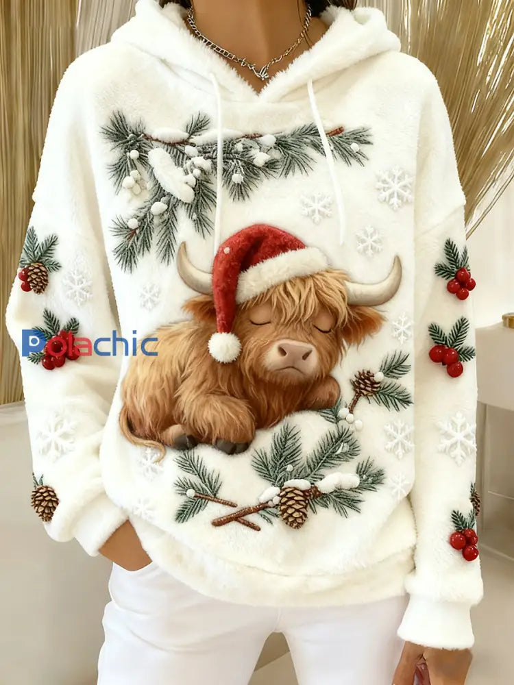 Sweat à capuche en flanelle de Noël pour femmes Highland Cattle comme image / S