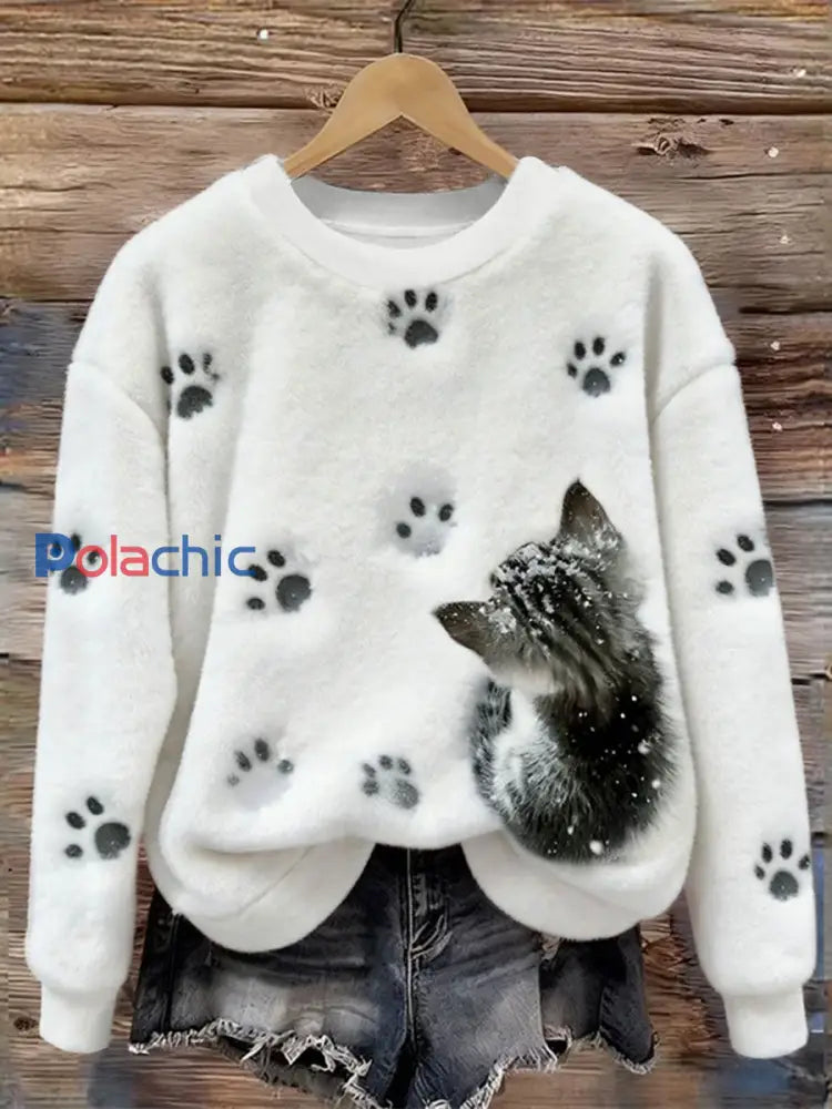 Sweat à capuche en flanelle décontracté pour femmes Funny Cat Art Print Blanc / S