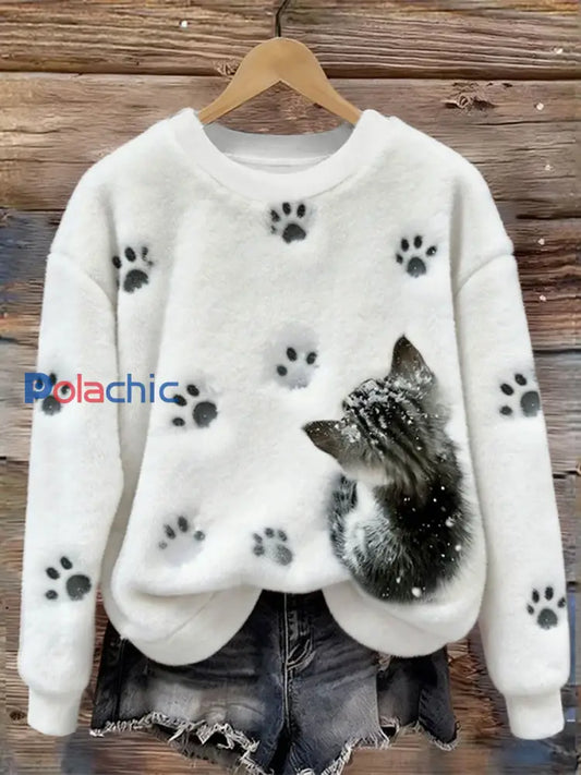Sweat à capuche en flanelle décontracté pour femmes Funny Cat Art Print Blanc / S