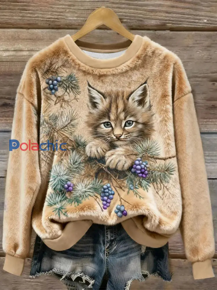 Sweat à capuche en flanelle décontracté pour femmes Funny Cat Art Print comme image / S
