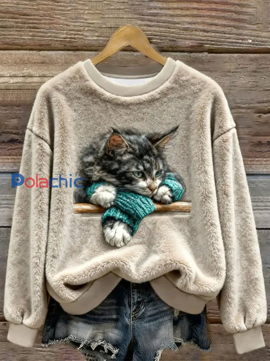 Sweat à capuche en flanelle décontracté pour femmes Funny Cat Art Print comme image / S