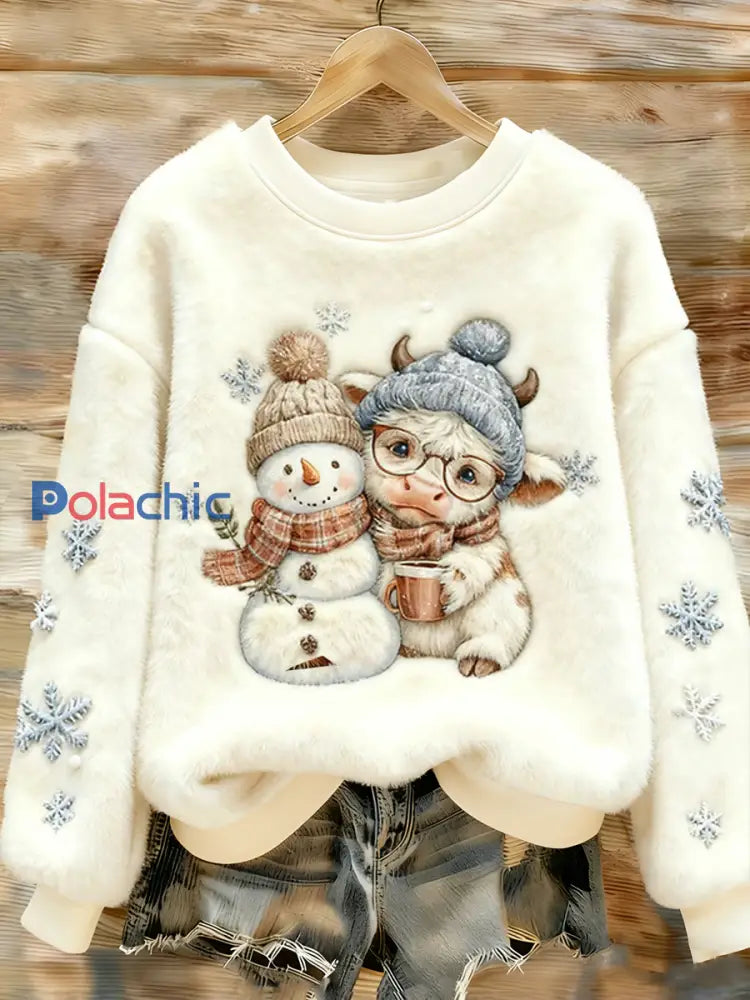 Sweat à capuche en flanelle à imprimé animal Highland Cow Yeti Femme Blanc / S