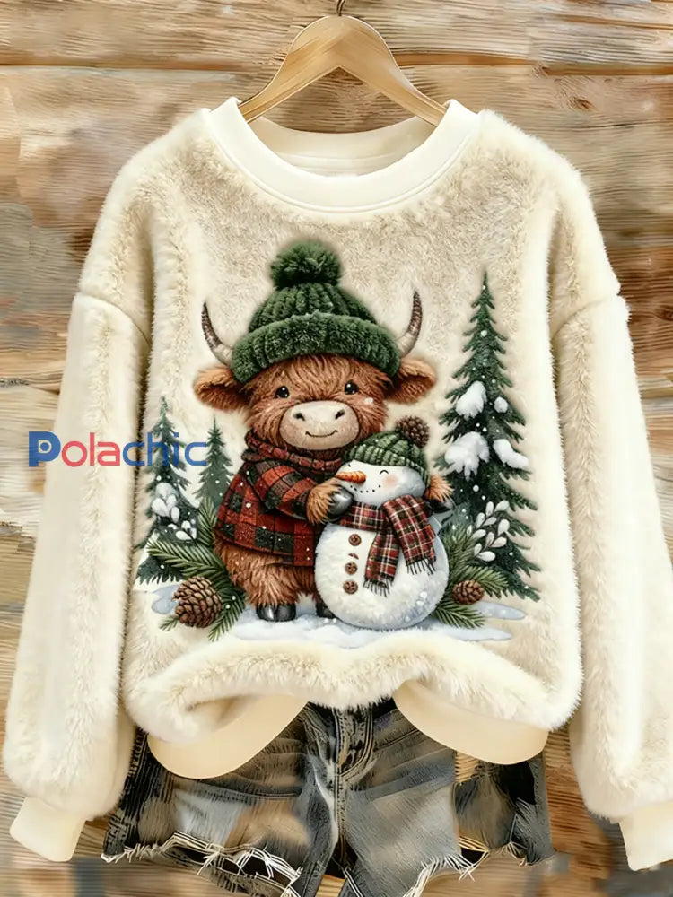 Sweat à capuche en flanelle à imprimé animal Highland Cow Yeti Femme Blanc / S
