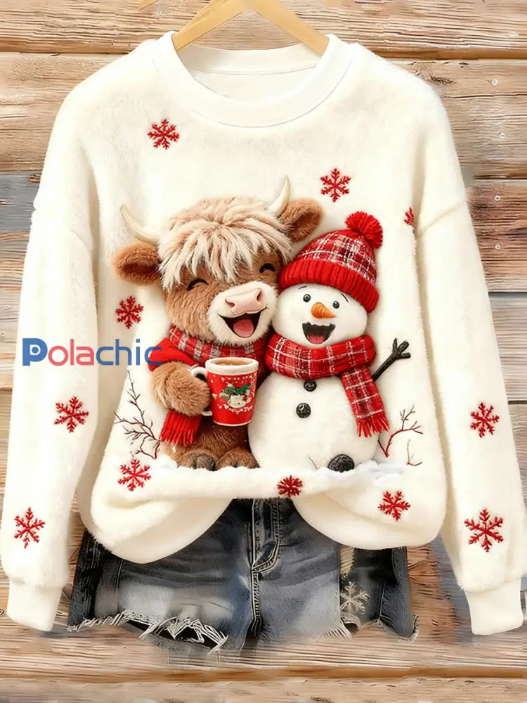 Sweat à capuche en flanelle à imprimé animal Highland Cow Yeti Femme Blanc / S