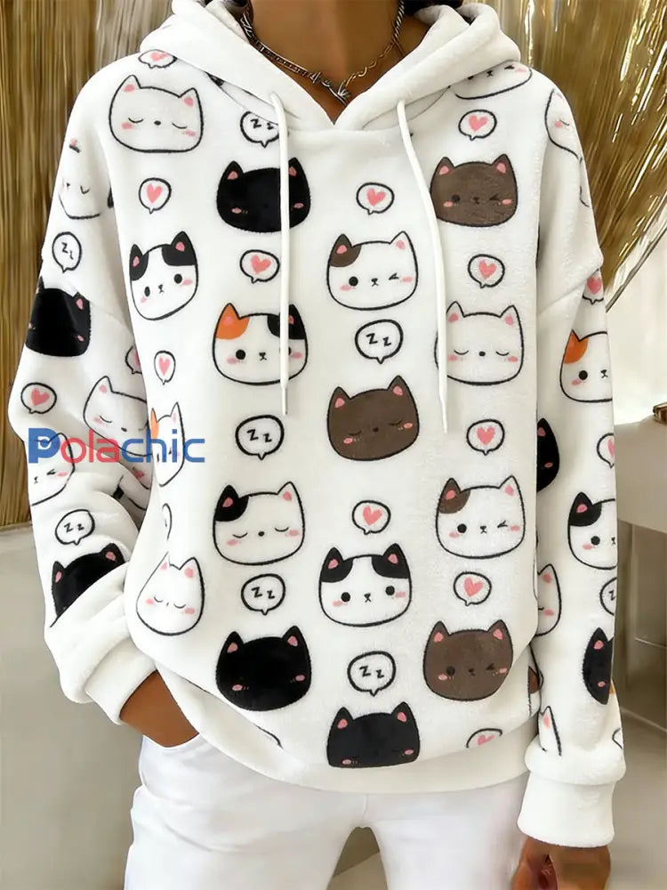 Sweat à capuche en flanelle à imprimé chat mignon pour femmes comme image / S